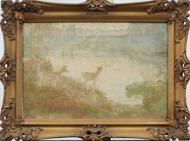 Edwin Willard Deming (1860-1942) Antique American Western Deer Grazing Landscape Painting (1 of 7)