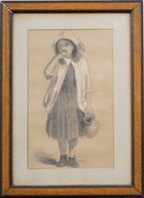 Antique American Modernist Framed Young Girl Portrait Monogrammed Original Drawing