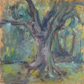 Antique American Southern School Modernist Oak Tree Study Large Oil Painting