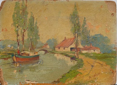 Antique Signed European Impressionist River Scene Oil Painting