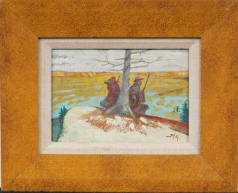 Herb Mott (B. 1923) Antique American Western Impressionist Cowboys Hunting Oil Painting