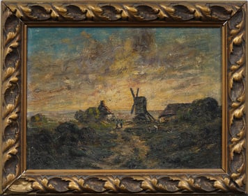 Antique European Impressionist Sunset Tonalist Framed Nocturnal Landscape Oil Painting