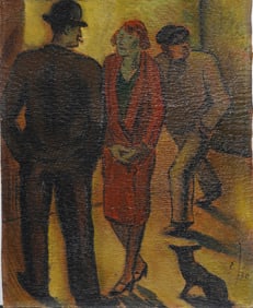 Signed 1930 Antique European Modernist Interior Scene Original Expressionist Oil Painting