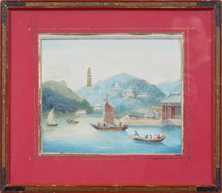 Vintage Signed Japanese Seascape Fishing Village Framed Painting