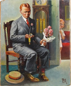 Antique American School Signed "Phil Cook" 1920s Illustration Interior Portrait Oil Painting