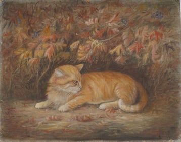 Antique American Impressionist Fall Landscape with Cat Portrait Animal Oil Painting