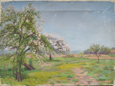 Antique American Impressionist Blossom Tree Signed Landscape Original Oil Painting