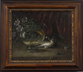 Ferdinand Maesch (1865 - 1925)  Antique American Folk Art Cat and Fishbowl Original Oil Painting
