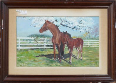 Signed Vintage American Impressionist Horse Family Portrait Landscape Original Oil Painting