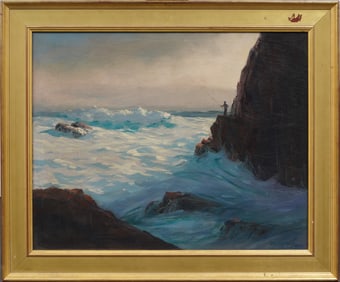 Rockwell Brank (1917-2007) Antique American Impressionist Crashing Surf Seascape Framed Oil Painting
