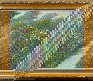 Antique American Impressionist Wild Flower Garden Gold Gilt Framed Landscape Original Oil Painting (1 of 6)