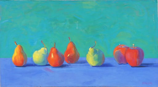 Large Signed Vintage American or European Modernist Still Life Pears and Apples Oil Painting