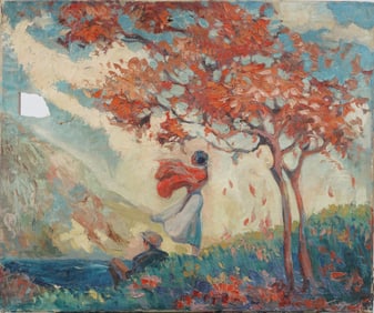 Antique American Impressionist Fall Picnic Scene Large Original Oil Painting