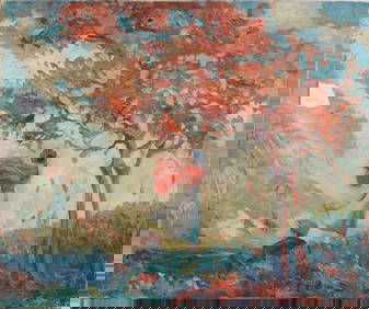 Antique American Impressionist Fall Picnic Scene Large Original Oil Painting (1 of 4)