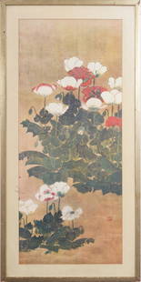 Antique Japanese Mixed Media Flower Still Life Large Framed Painting: Antique Japanese mixed media painting on paper. Signed. Framed. Measuring 40 by 20 inches and 34 by 14 painting alone. Please see all images for condition. Size is measured and written on the back of