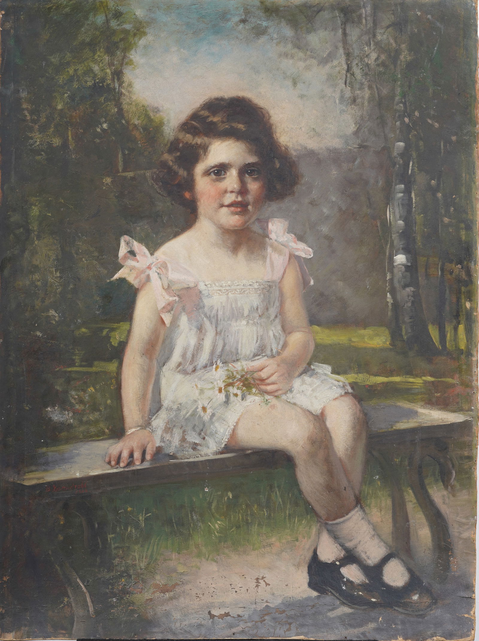 Antique American Realist Young Girl Portrait Large Original Oil Painting (1 of 4)