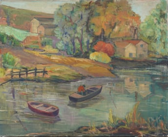 Antique American Impressionist Signed "Greene" River Landscape Original Oil Painting