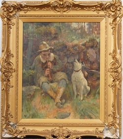 "In Unison" Antique European Impressionist Young Boy and Dog Singing Portrait Framed Painting