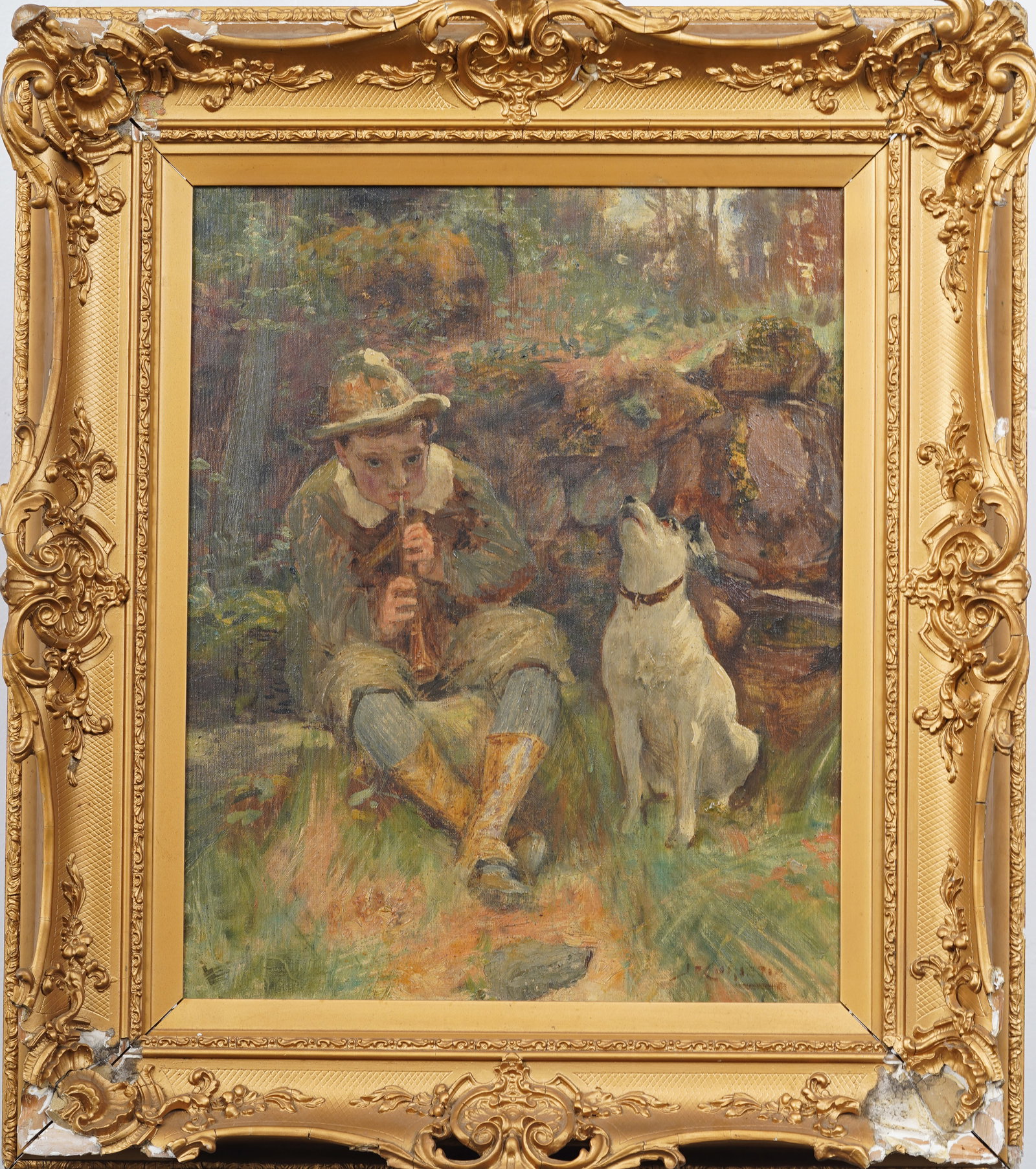 "In Unison" Antique European Impressionist Young Boy and Dog Singing Portrait Framed Painting (1 of 8)