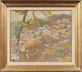 Vintage Italian Impressionist Mountain Town Abstract Landscape Gold Giltwood Framed Oil Painting