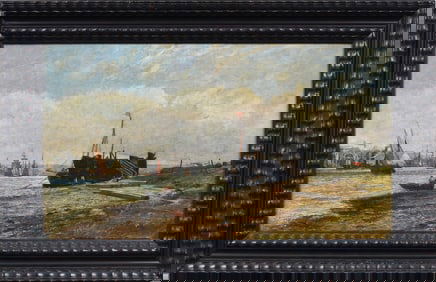 Antique European Bustling Harbor Seascape Nicely Framed 19th Century Oil Painting