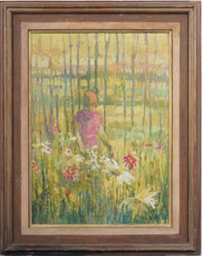 Large Signed Antique American Impressionist Flower Picker Landscape Framed Original Oil Painting