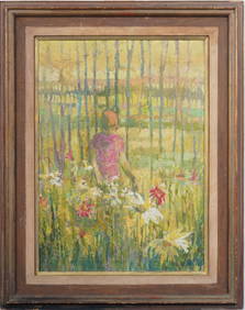 Large Signed Antique American Impressionist Flower Picker Landscape Framed Original Oil Painting (1 of 6)