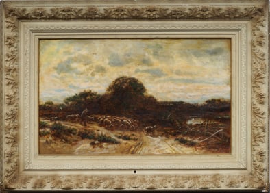 James Crawford Thom (1835-1898) Antique American Tonalist Sheppard Landscape Oil Painting