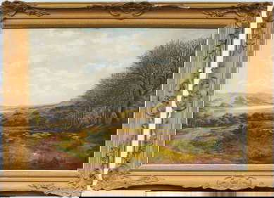 Large Nicely Framed Antique English River Landscape Original Oil Painting