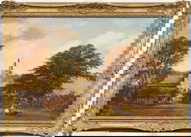 Antique Large English Genre Landscape Children Running Framed Oil Painting