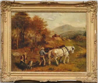 Antique Nicely Framed English Working Horses Farm Landscape Signed Oil Painting