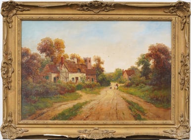 Antique Nicely Framed English Impressionist Landscape Signed Oil Painting