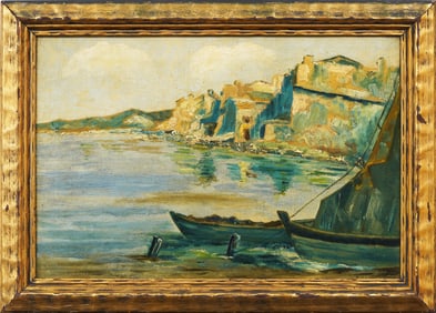 Antique European Impressionist Framed Coastal Seascape Oil Painting