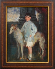 Antique American Impressionist Framed Young Boy and His Dog Family Portrait Oil Painting