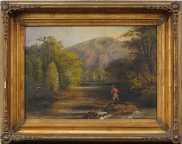 Antique American Hudson River School 19th Century Adirondack Fishing Scene Framed Painting