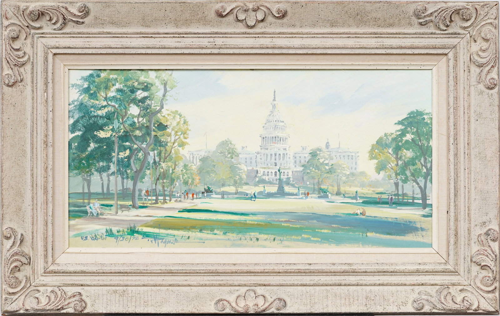 Impressionist Washington DC Signed Cityscape US Capital Building Framed Oil Painting: Antique American oil painting. Oil on board. Signed. Framed. Measuring 21 by 33 inches and 14 by 26 painting alone. Please see all images for condition. Size is measured and written on the back of the
