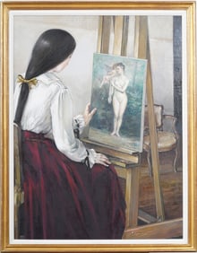 Sieur Tzen (Born 1944)  Contemporary Chinese Realist Interior Scene Framed Oil Painting