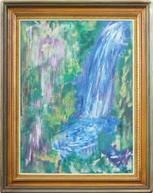 Antique Canadian Modernist Waterfall Framed Large Landscape Oil Painting