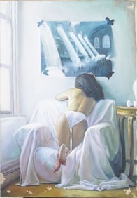 Exceptionally Painted Chinese Modernist Interior Scene Nude Woman Portrait Oil Painting