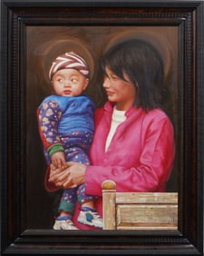 Chinese Contemporary Large Mother and Child Portrait Oil Painting by Yanzhou Xu