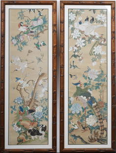 Large Pair of Antique Chinoiserie Paintings on Silk: Antique Chinoiserie paintings. Each measuring 63 by 23 inches and 56 by 16 painting alone. Please see all images for condition. Size is measured and written on the back of the painting. The first size