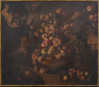 Monumental Signed Antique European Still Life Oil Painting