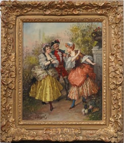 Signed 19th Century French Court Scene Original Framed Oil Painting