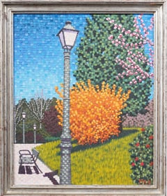Vintage French Pointillist Fall Park Landscape Framed Signed Oil Painting