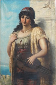Antique Italian Signed Beautiful Woman Impressionist Capri Seascape Oil Painting