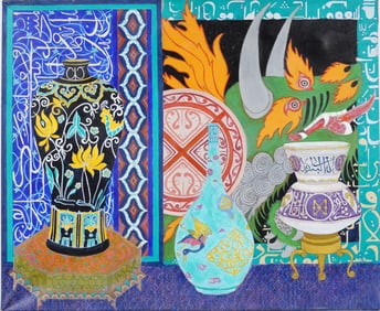 Vintage Chinoiserie Still Life with Dragon Interior Scene Still Life Oil Painting