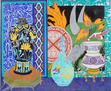Vintage Chinoiserie Still Life with Dragon Interior Scene Still Life Oil Painting: Vintage American oil painting. Oil on canvas. Signed verso. Measuring 30 by 36 inches. Please see all images for condition. Size is measured and written on the back of the painting. The first size is