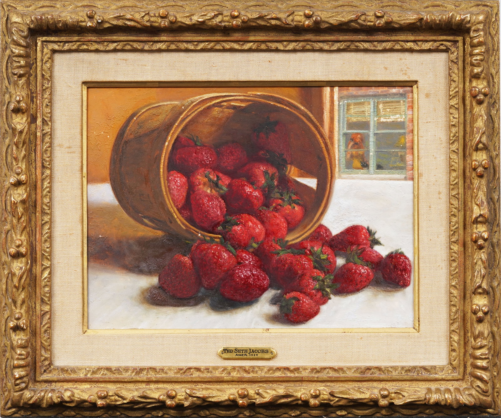 Ted Seth Jacobs (B.1927) Antique American Modernist Strawberry Still Life Original Oil Painting: Antique American modernist still life oil painting. Oil on board. Framed. Measuring 15 by 18 inches and 9 by 12 painting alone. Please see all images for condition. Size is measured and written on the