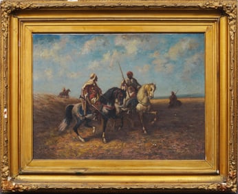 Large Antique Orientalist Framed Bedoin Horseback Figures In Desert Landscape Oil Painting