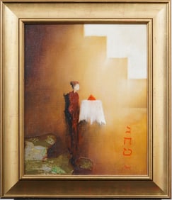 Signed Modernist Woman At Table Abstract Framed Oil Painting